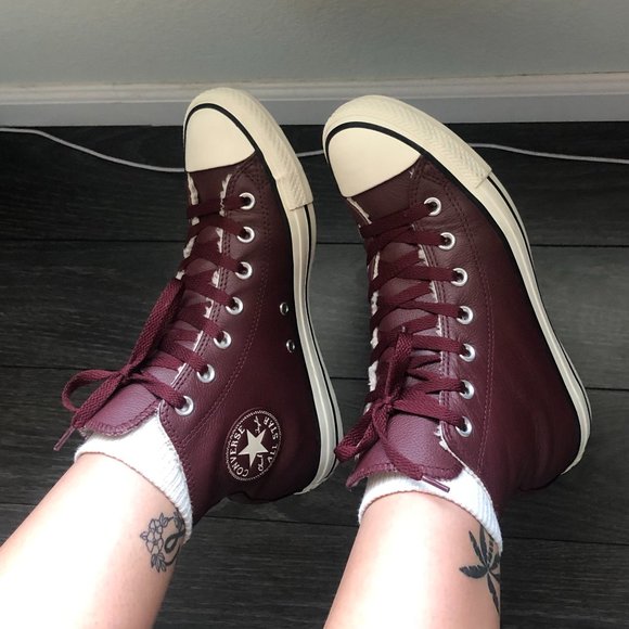 SOLD-Converse Leather Maroon/Burgundy High Top+Fur - Picture 1 of 14